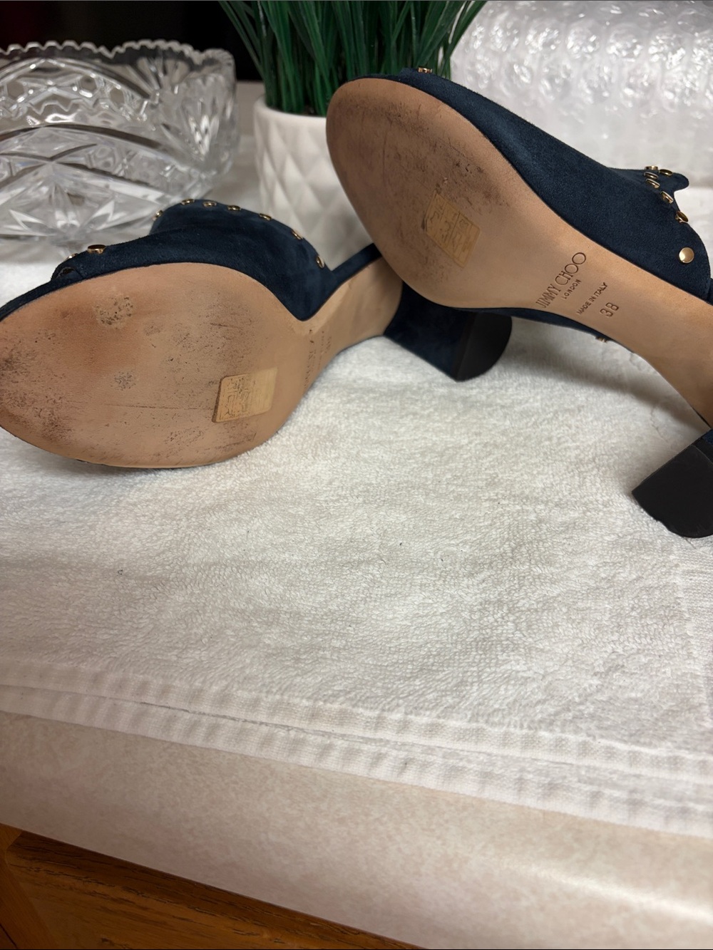 Jimmy Choo Navy Suede Gold-Stud Slide Mules - Picture 3 of 7